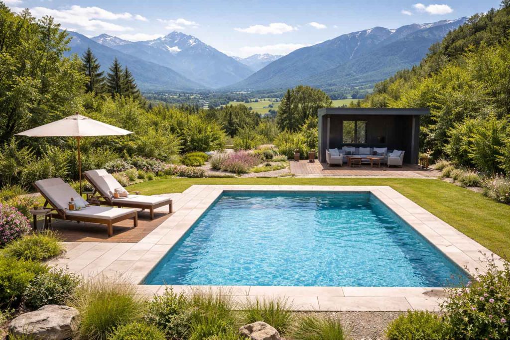 Swimmingpool in Kärnten eingebettet in natürliche Gartenlandschaft